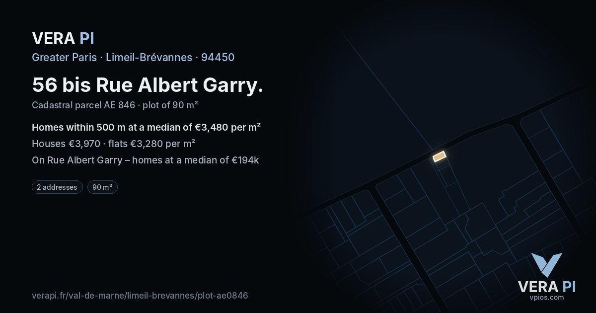 56 bis Rue Albert Garry, Limeil-Brévannes at night – the plot lit, the parcels around coloured by the prices near them