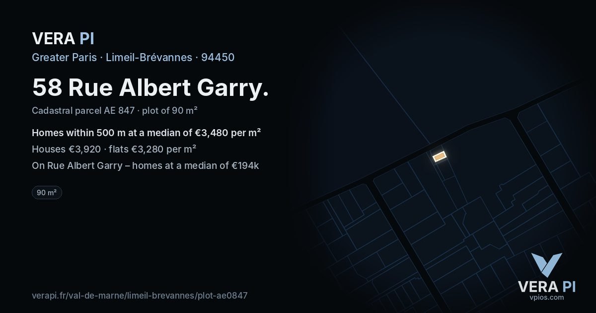 58 Rue Albert Garry, Limeil-Brévannes at night – the plot lit, the parcels around coloured by the prices near them