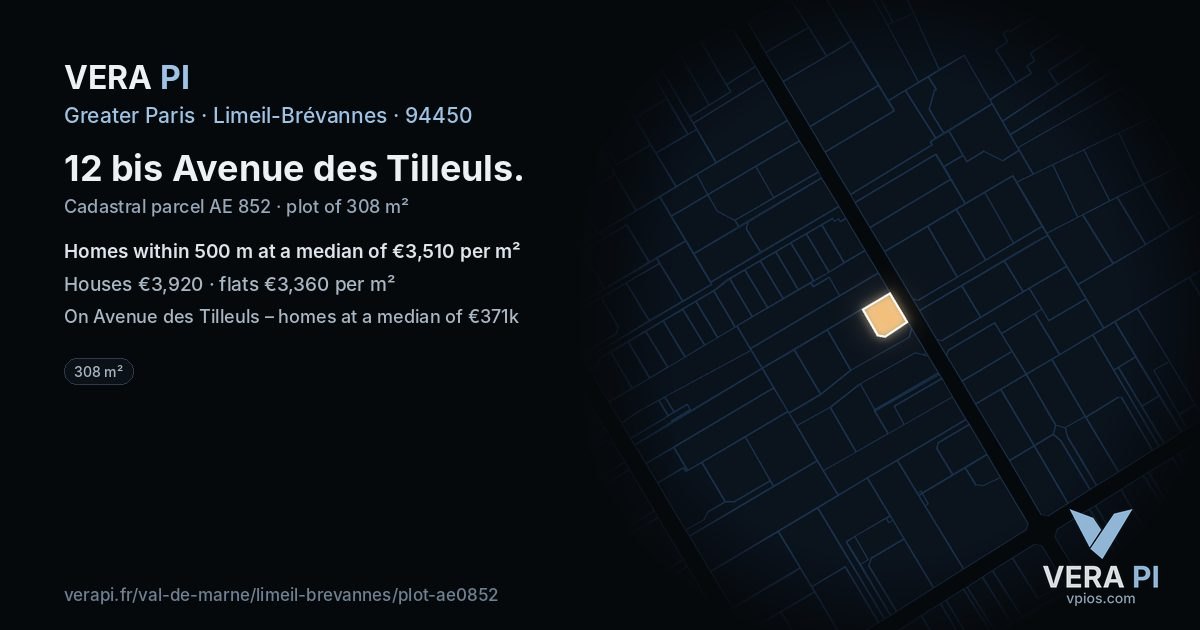 12 bis Avenue des Tilleuls, Limeil-Brévannes at night – the plot lit, the parcels around coloured by the prices near them