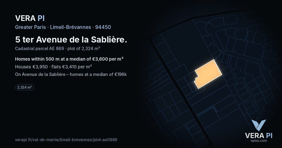 5 ter Avenue de la Sablière, Limeil-Brévannes at night – the plot lit, the parcels around coloured by the prices near them