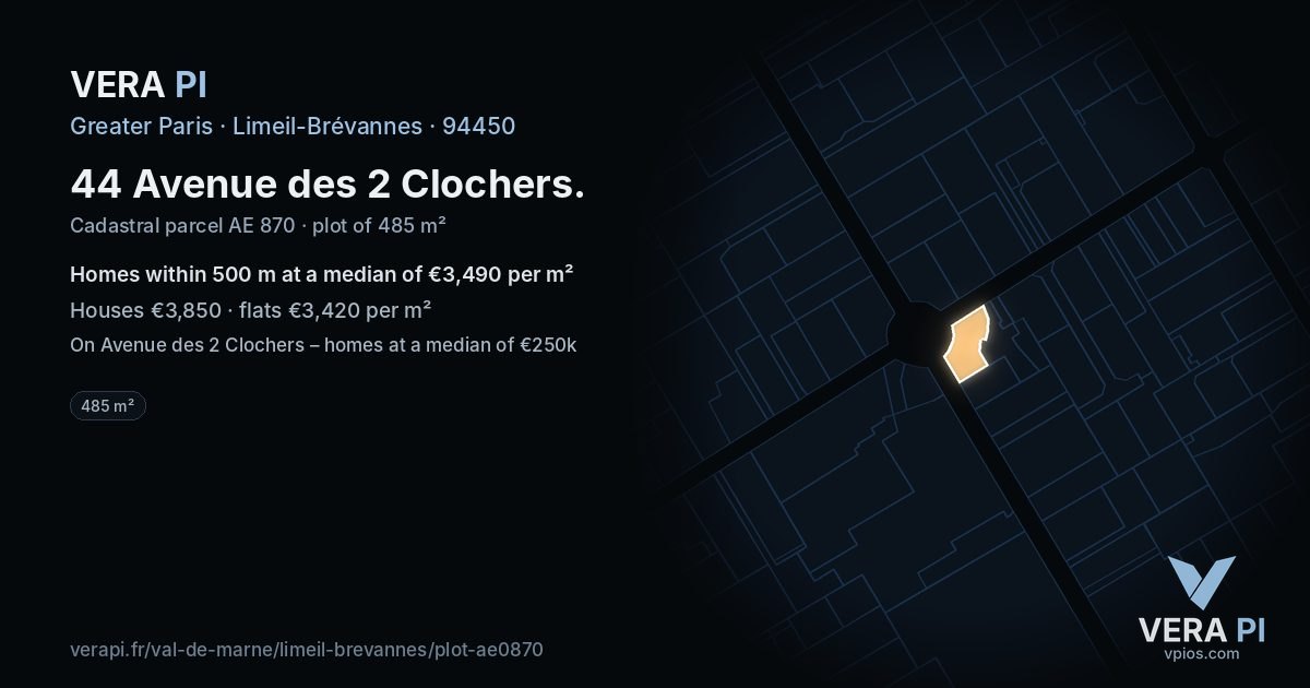 44 Avenue des 2 Clochers, Limeil-Brévannes at night – the plot lit, the parcels around coloured by the prices near them