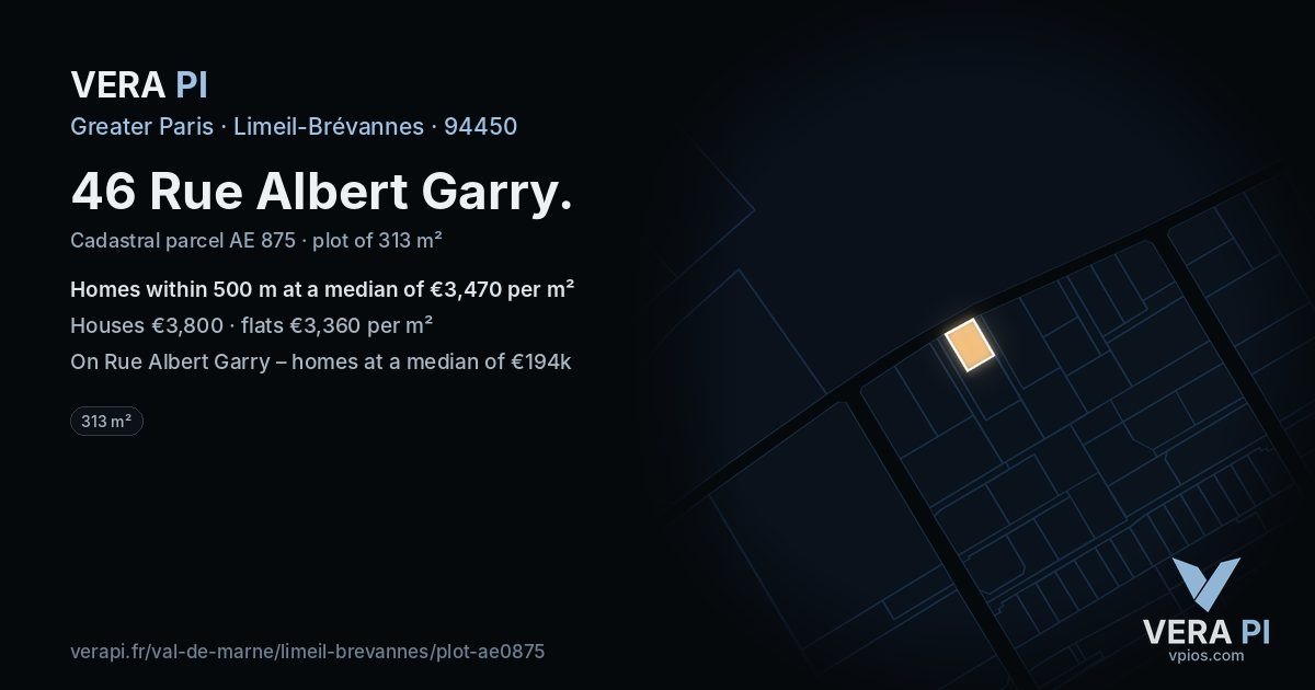 46 Rue Albert Garry, Limeil-Brévannes at night – the plot lit, the parcels around coloured by the prices near them