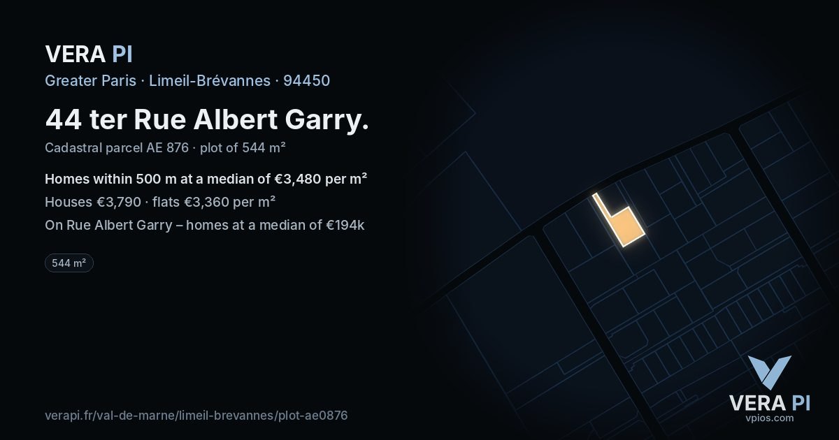 44 ter Rue Albert Garry, Limeil-Brévannes at night – the plot lit, the parcels around coloured by the prices near them