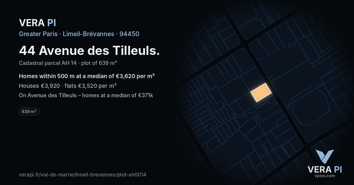 44 Avenue des Tilleuls, Limeil-Brévannes at night – the plot lit, the parcels around coloured by the prices near them