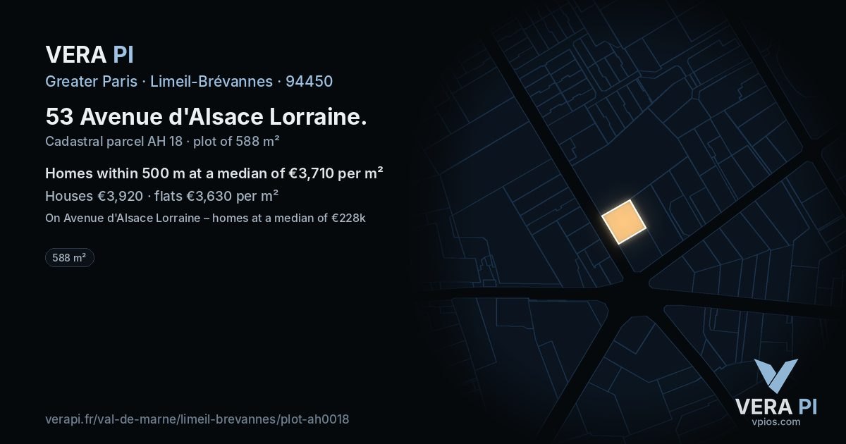 53 Avenue d'Alsace Lorraine, Limeil-Brévannes at night – the plot lit, the parcels around coloured by the prices near them
