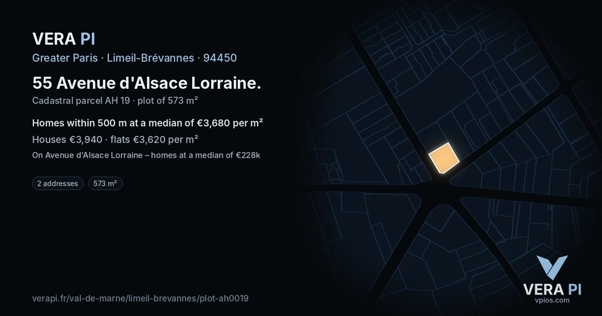55 Avenue d'Alsace Lorraine, Limeil-Brévannes at night – the plot lit, the parcels around coloured by the prices near them