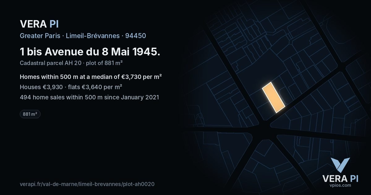 1 bis Avenue du 8 Mai 1945, Limeil-Brévannes at night – the plot lit, the parcels around coloured by the prices near them