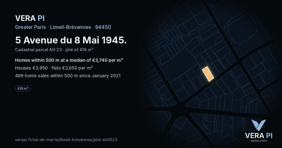 5 Avenue du 8 Mai 1945, Limeil-Brévannes at night – the plot lit, the parcels around coloured by the prices near them