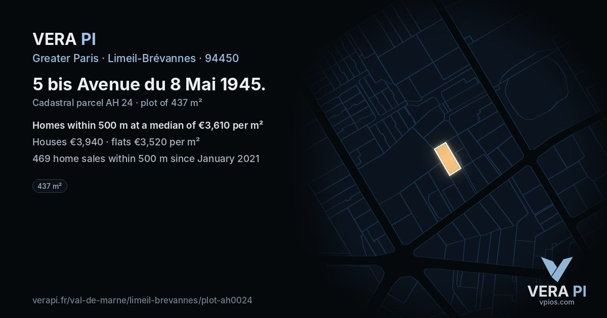 5 bis Avenue du 8 Mai 1945, Limeil-Brévannes at night – the plot lit, the parcels around coloured by the prices near them