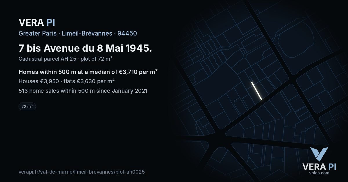 7 bis Avenue du 8 Mai 1945, Limeil-Brévannes at night – the plot lit, the parcels around coloured by the prices near them