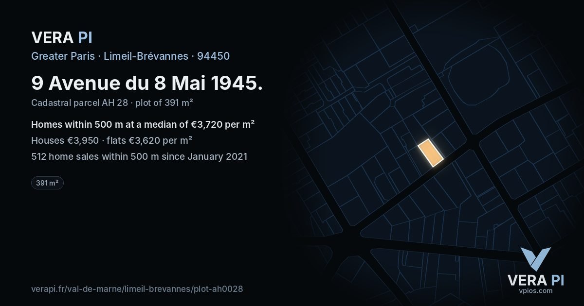 9 Avenue du 8 Mai 1945, Limeil-Brévannes at night – the plot lit, the parcels around coloured by the prices near them