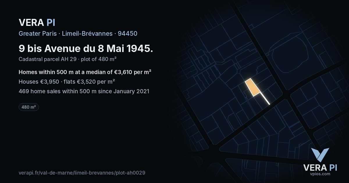 9 bis Avenue du 8 Mai 1945, Limeil-Brévannes at night – the plot lit, the parcels around coloured by the prices near them