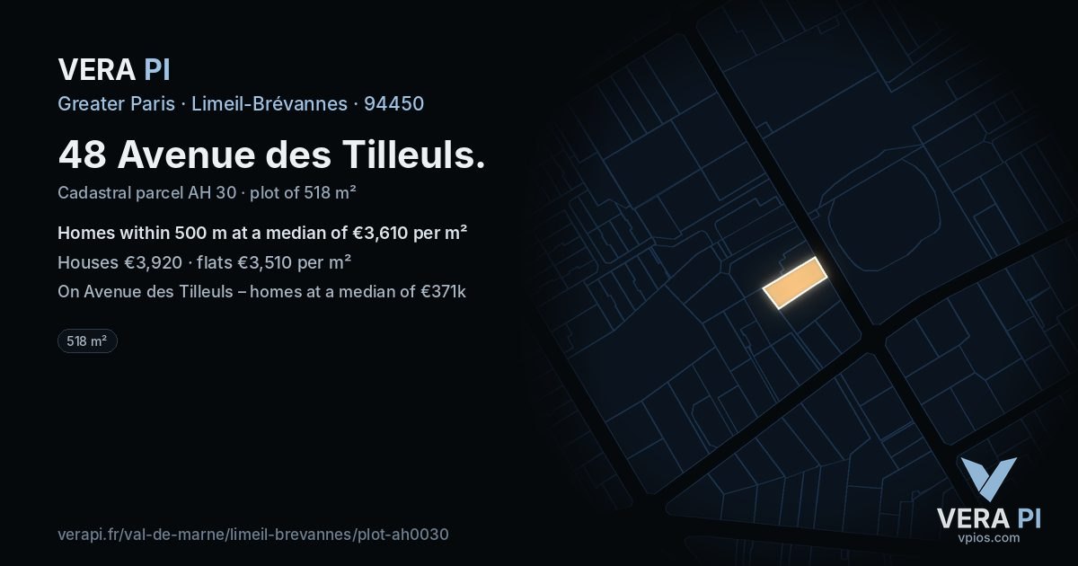 48 Avenue des Tilleuls, Limeil-Brévannes at night – the plot lit, the parcels around coloured by the prices near them
