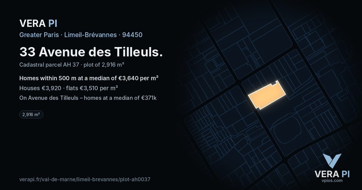 33 Avenue des Tilleuls, Limeil-Brévannes at night – the plot lit, the parcels around coloured by the prices near them