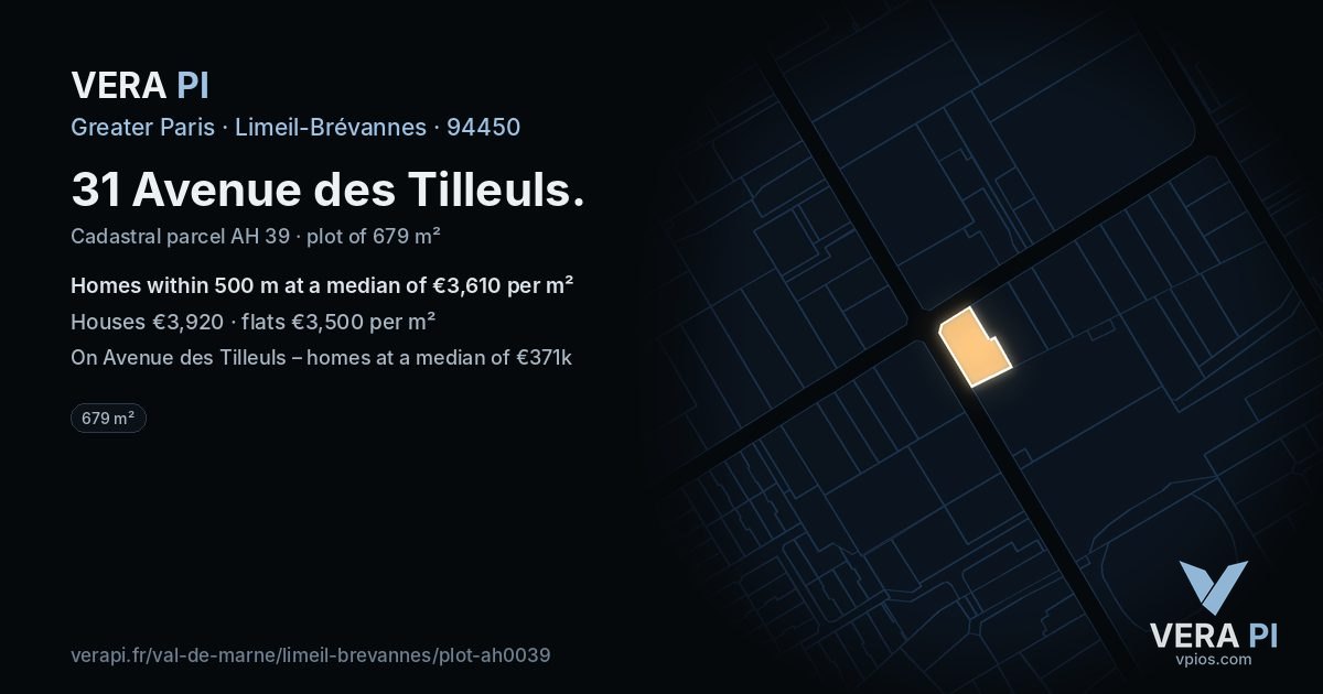 31 Avenue des Tilleuls, Limeil-Brévannes at night – the plot lit, the parcels around coloured by the prices near them