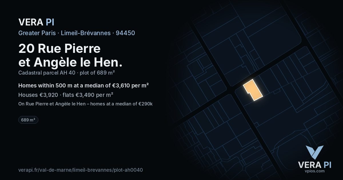 20 Rue Pierre et Angèle le Hen, Limeil-Brévannes at night – the plot lit, the parcels around coloured by the prices near them