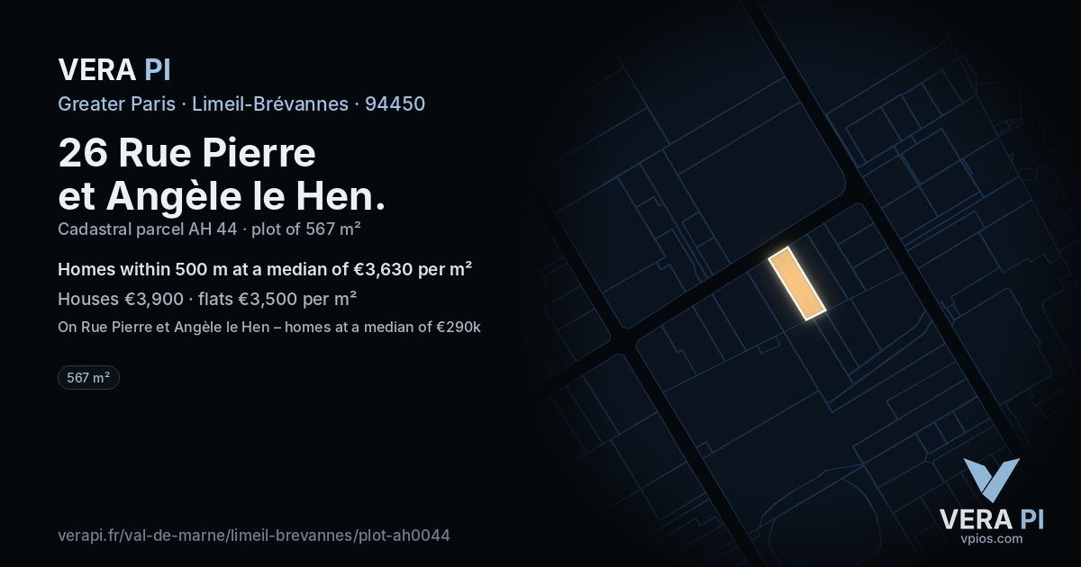 26 Rue Pierre et Angèle le Hen, Limeil-Brévannes at night – the plot lit, the parcels around coloured by the prices near them
