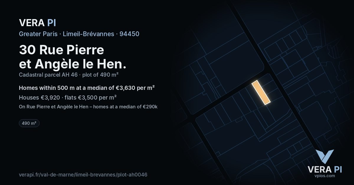 30 Rue Pierre et Angèle le Hen, Limeil-Brévannes at night – the plot lit, the parcels around coloured by the prices near them