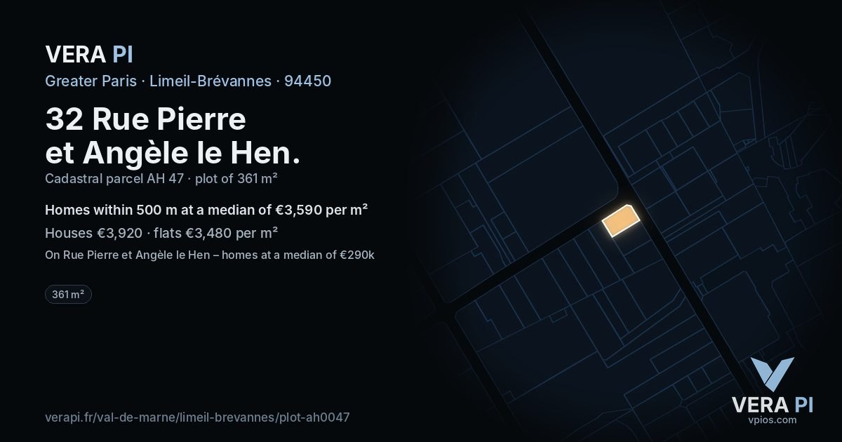 32 Rue Pierre et Angèle le Hen, Limeil-Brévannes at night – the plot lit, the parcels around coloured by the prices near them