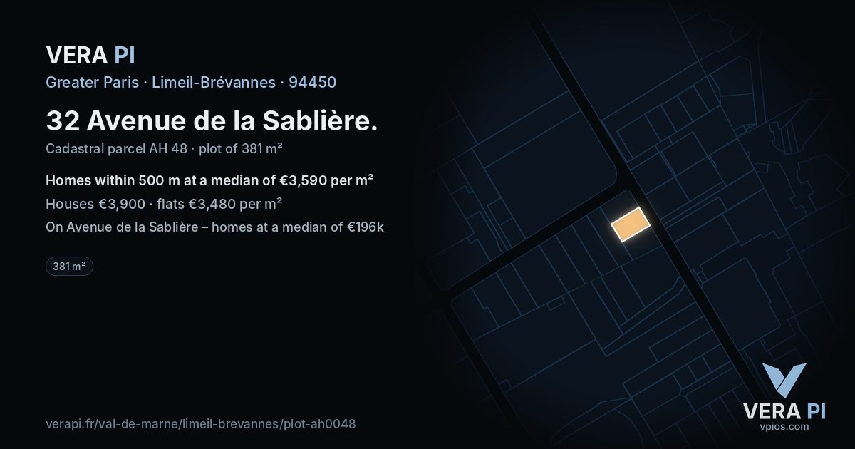 32 Avenue de la Sablière, Limeil-Brévannes at night – the plot lit, the parcels around coloured by the prices near them