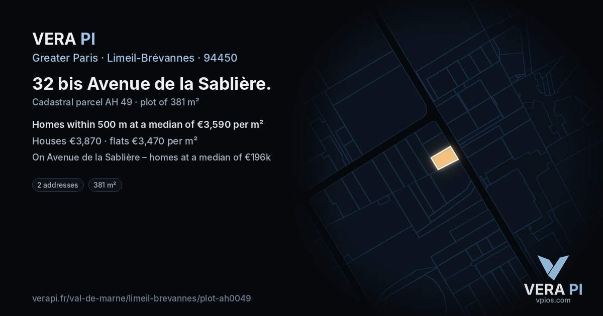 32 bis Avenue de la Sablière, Limeil-Brévannes at night – the plot lit, the parcels around coloured by the prices near them