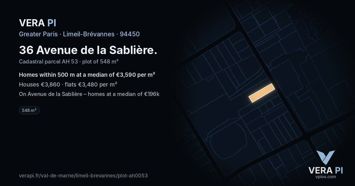 36 Avenue de la Sablière, Limeil-Brévannes at night – the plot lit, the parcels around coloured by the prices near them