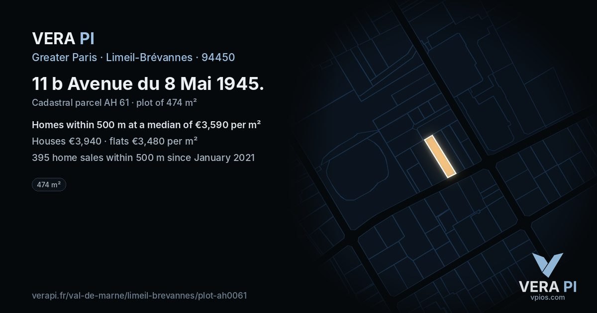 11 b Avenue du 8 Mai 1945, Limeil-Brévannes at night – the plot lit, the parcels around coloured by the prices near them