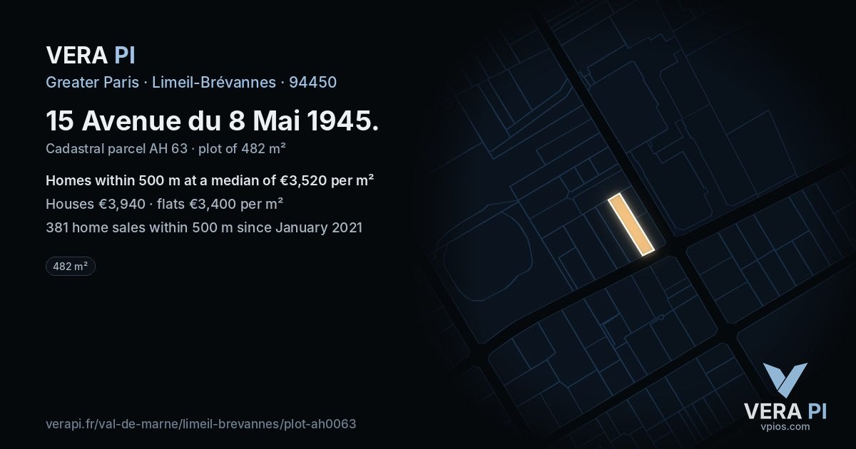 15 Avenue du 8 Mai 1945, Limeil-Brévannes at night – the plot lit, the parcels around coloured by the prices near them