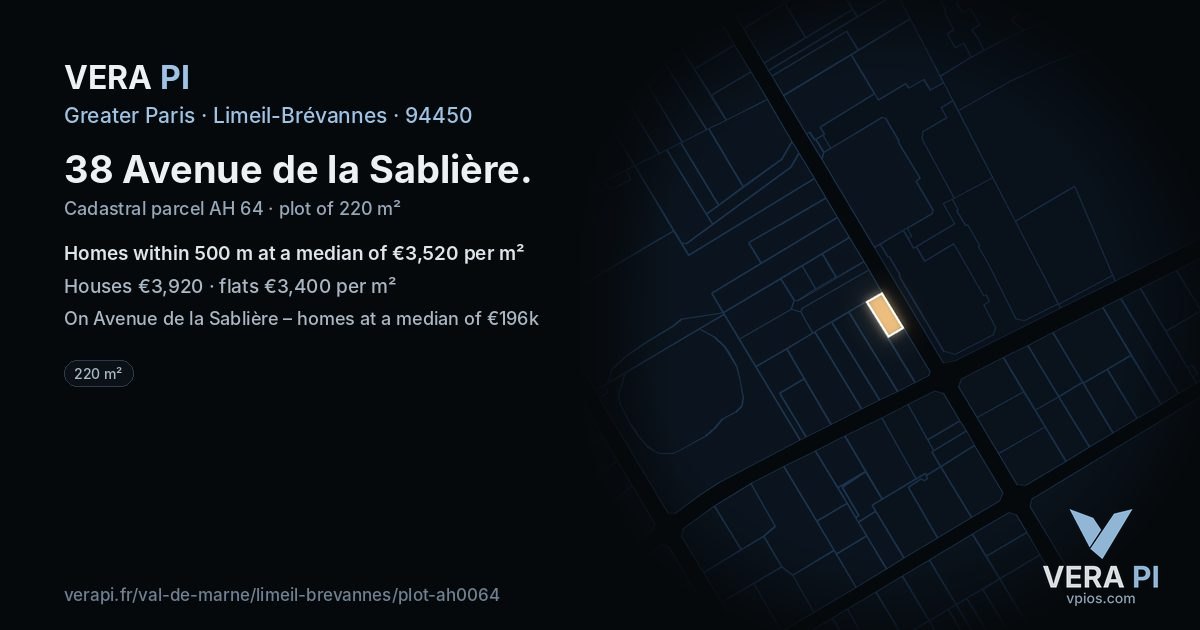 38 Avenue de la Sablière, Limeil-Brévannes at night – the plot lit, the parcels around coloured by the prices near them