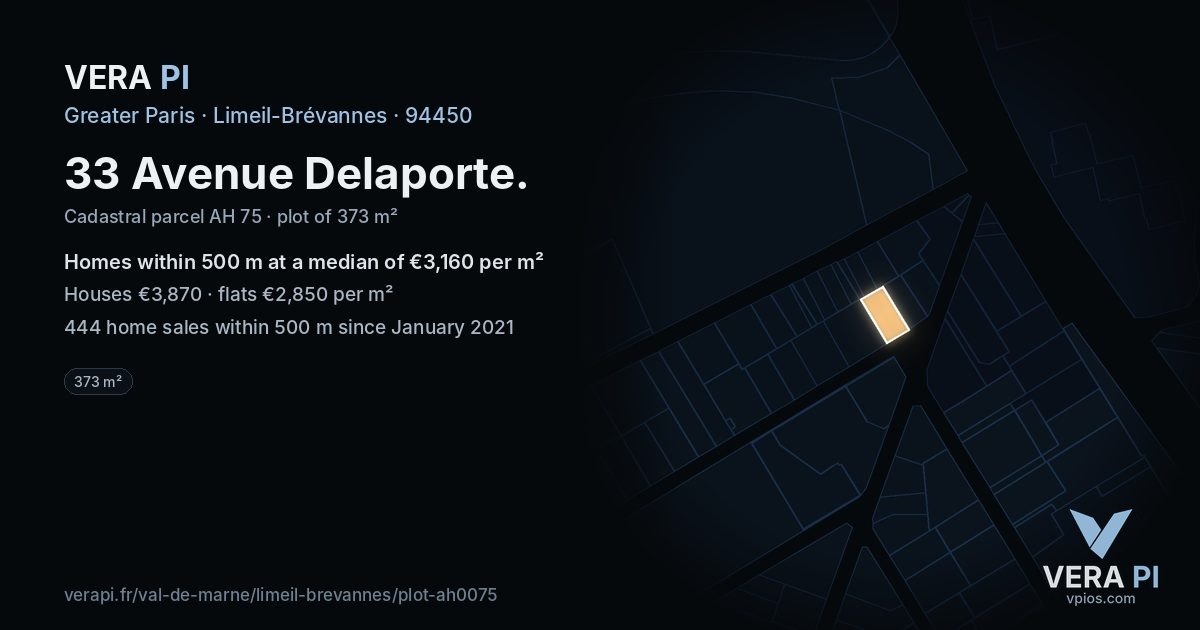 33 Avenue Delaporte, Limeil-Brévannes at night – the plot lit, the parcels around coloured by the prices near them