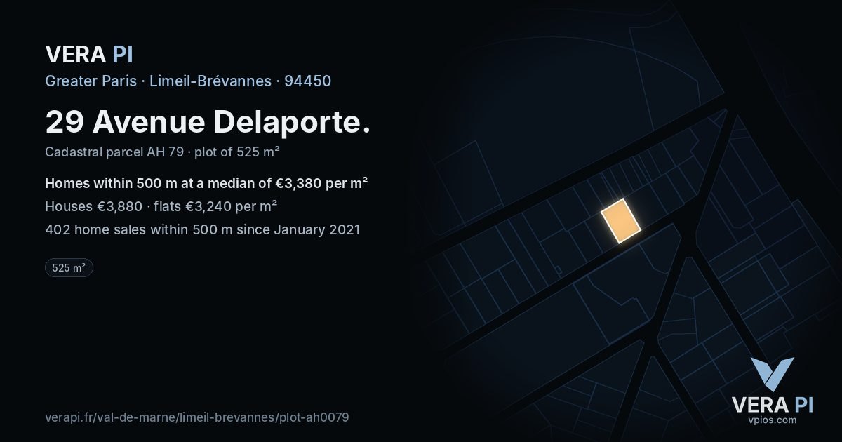 29 Avenue Delaporte, Limeil-Brévannes at night – the plot lit, the parcels around coloured by the prices near them