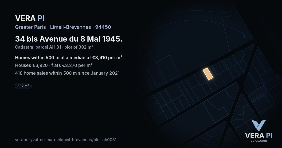 34 bis Avenue du 8 Mai 1945, Limeil-Brévannes at night – the plot lit, the parcels around coloured by the prices near them