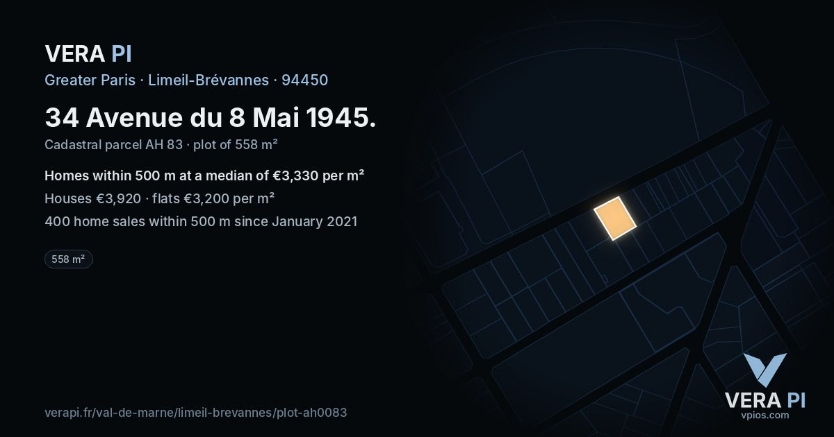 34 Avenue du 8 Mai 1945, Limeil-Brévannes at night – the plot lit, the parcels around coloured by the prices near them