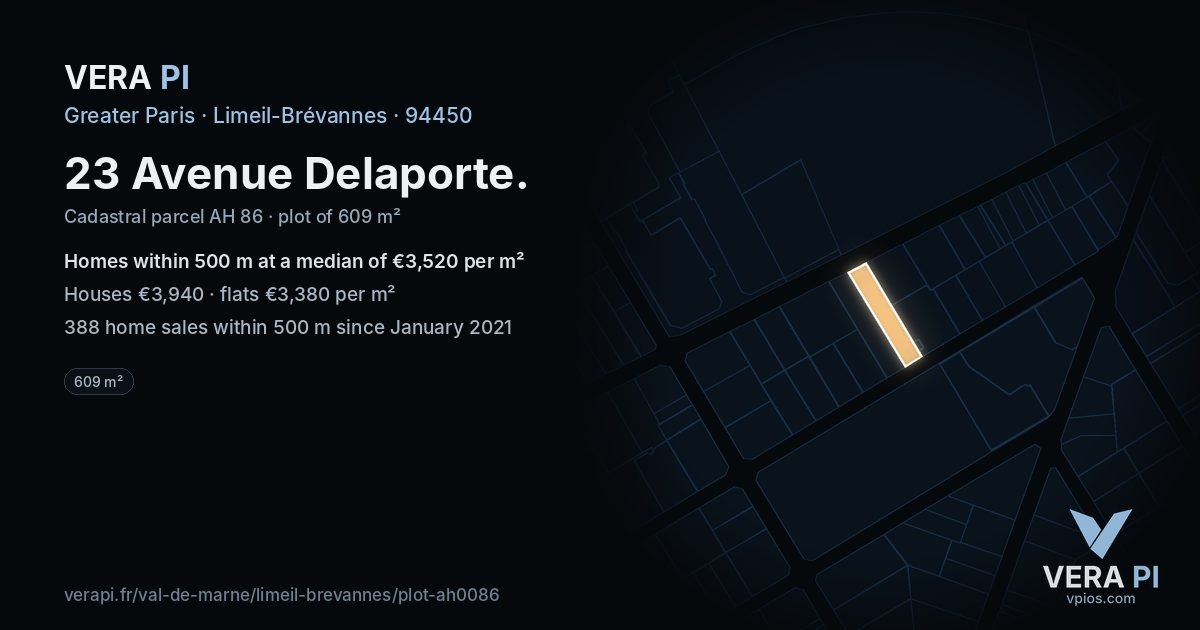 23 Avenue Delaporte, Limeil-Brévannes at night – the plot lit, the parcels around coloured by the prices near them