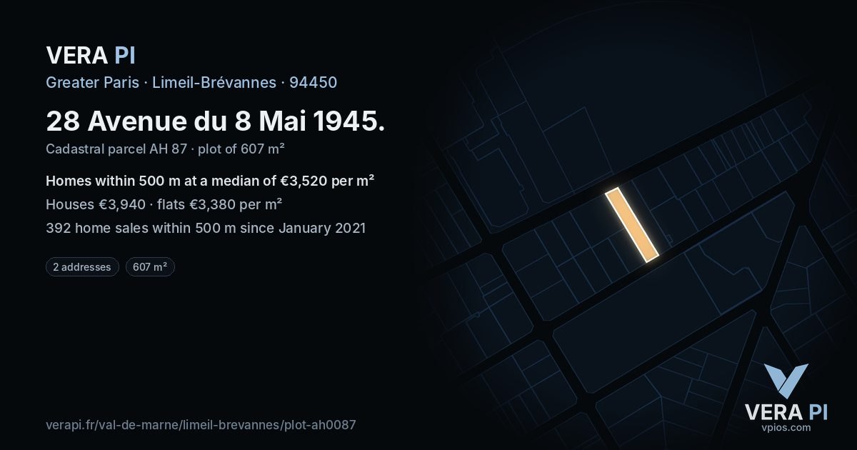 28 Avenue du 8 Mai 1945, Limeil-Brévannes at night – the plot lit, the parcels around coloured by the prices near them