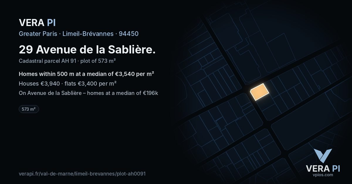 29 Avenue de la Sablière, Limeil-Brévannes at night – the plot lit, the parcels around coloured by the prices near them