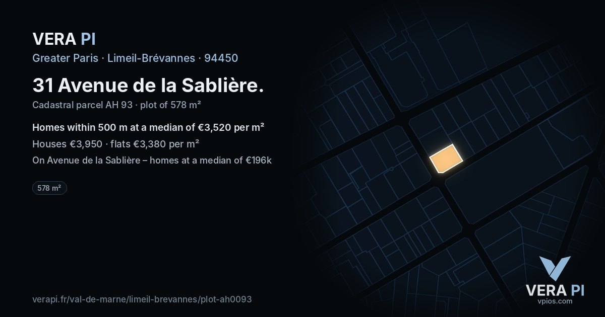 31 Avenue de la Sablière, Limeil-Brévannes at night – the plot lit, the parcels around coloured by the prices near them