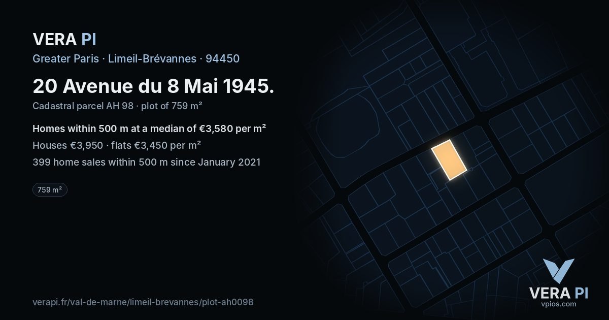 20 Avenue du 8 Mai 1945, Limeil-Brévannes at night – the plot lit, the parcels around coloured by the prices near them