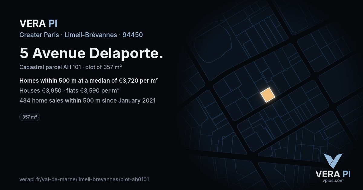 5 Avenue Delaporte, Limeil-Brévannes at night – the plot lit, the parcels around coloured by the prices near them