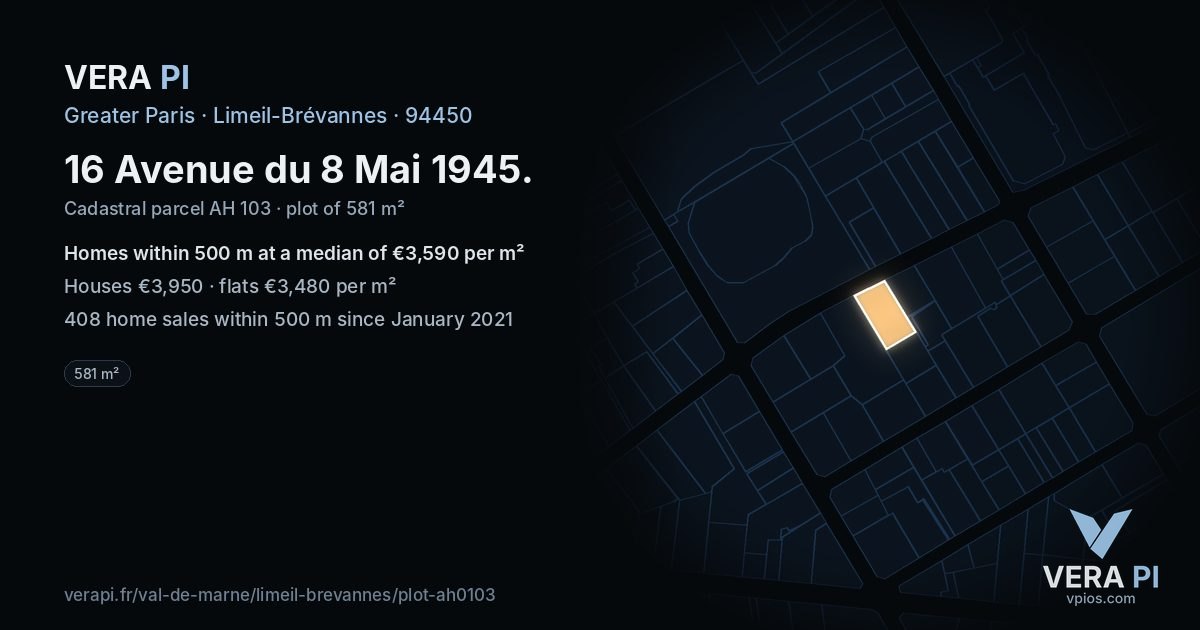 16 Avenue du 8 Mai 1945, Limeil-Brévannes at night – the plot lit, the parcels around coloured by the prices near them