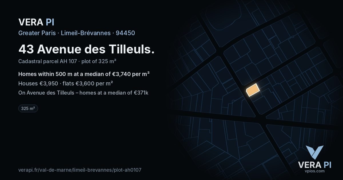 43 Avenue des Tilleuls, Limeil-Brévannes at night – the plot lit, the parcels around coloured by the prices near them