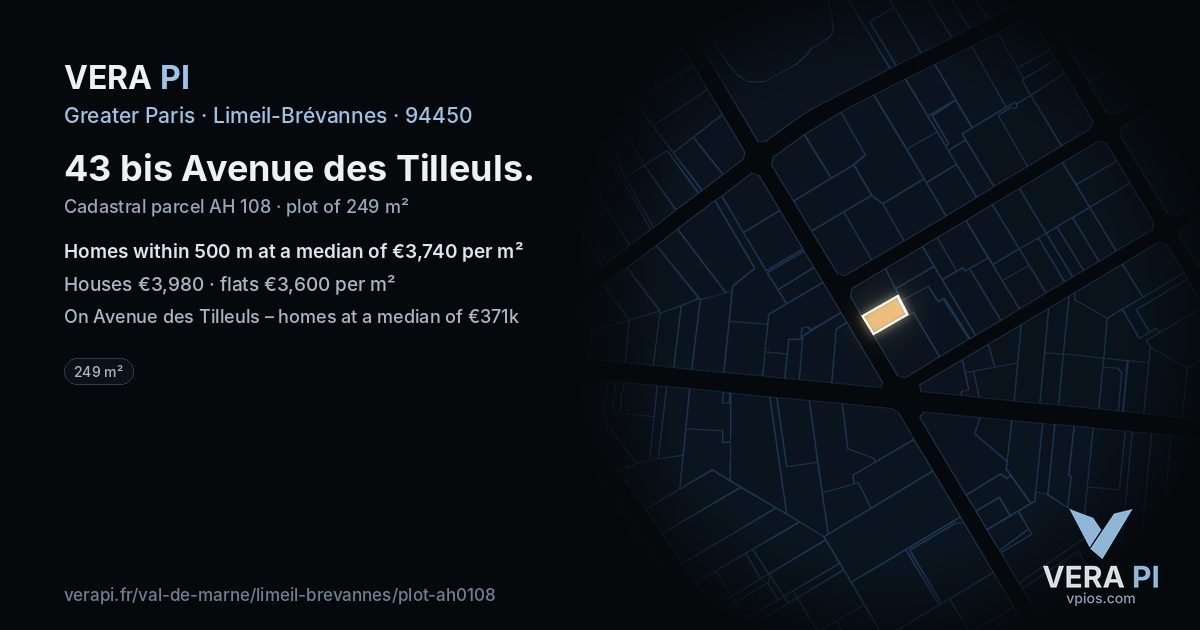 43 bis Avenue des Tilleuls, Limeil-Brévannes at night – the plot lit, the parcels around coloured by the prices near them