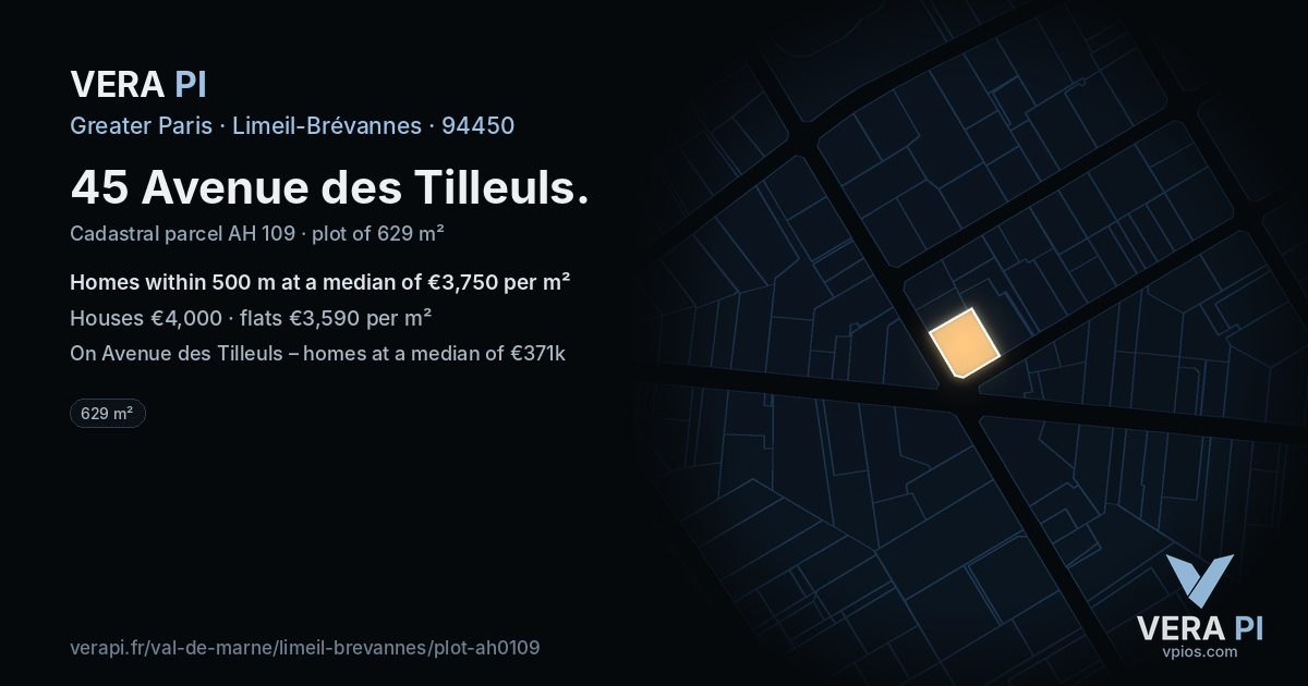 45 Avenue des Tilleuls, Limeil-Brévannes at night – the plot lit, the parcels around coloured by the prices near them