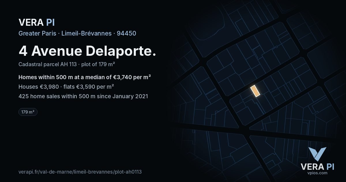 4 Avenue Delaporte, Limeil-Brévannes at night – the plot lit, the parcels around coloured by the prices near them