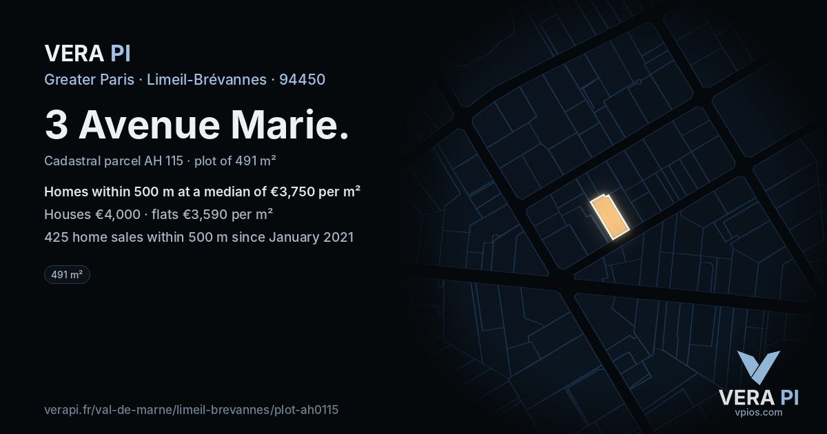 3 Avenue Marie, Limeil-Brévannes at night – the plot lit, the parcels around coloured by the prices near them