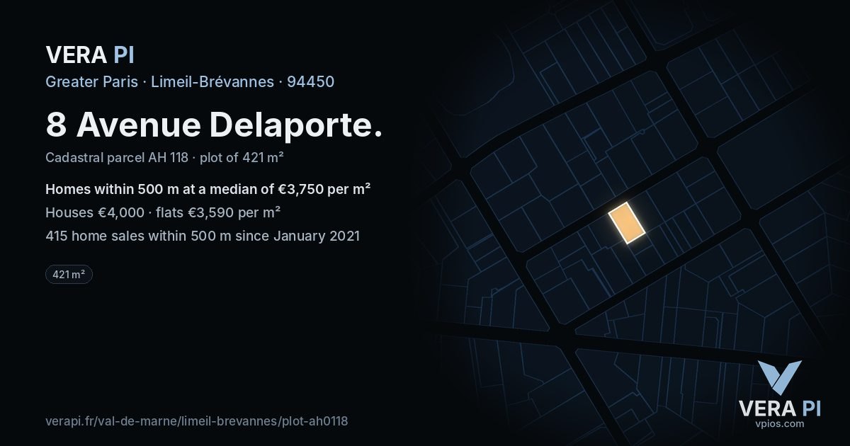 8 Avenue Delaporte, Limeil-Brévannes at night – the plot lit, the parcels around coloured by the prices near them