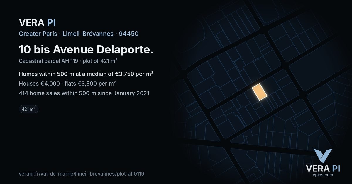10 bis Avenue Delaporte, Limeil-Brévannes at night – the plot lit, the parcels around coloured by the prices near them