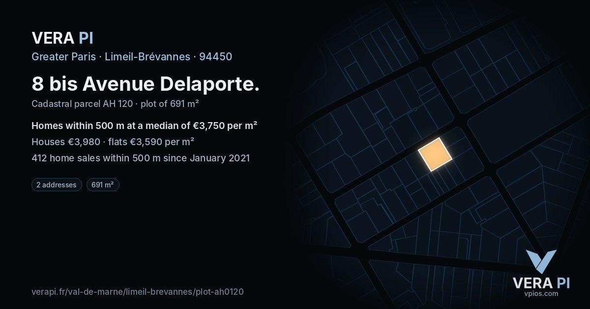 8 bis Avenue Delaporte, Limeil-Brévannes at night – the plot lit, the parcels around coloured by the prices near them