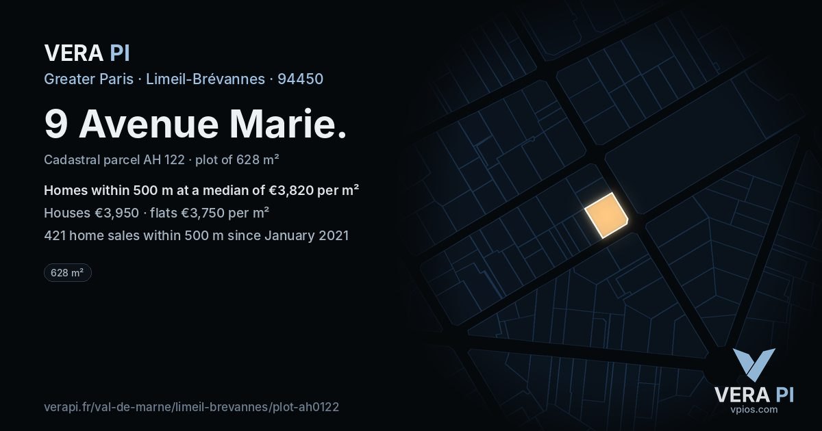 9 Avenue Marie, Limeil-Brévannes at night – the plot lit, the parcels around coloured by the prices near them
