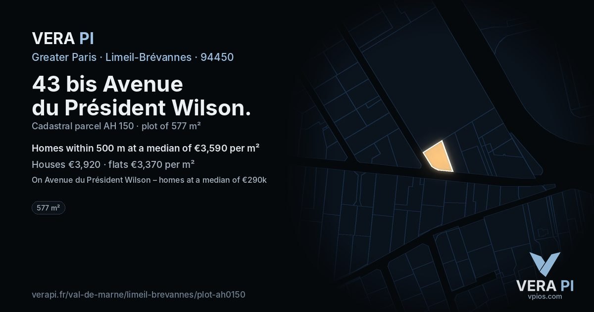 43 bis Avenue du Président Wilson, Limeil-Brévannes at night – the plot lit, the parcels around coloured by the prices near them